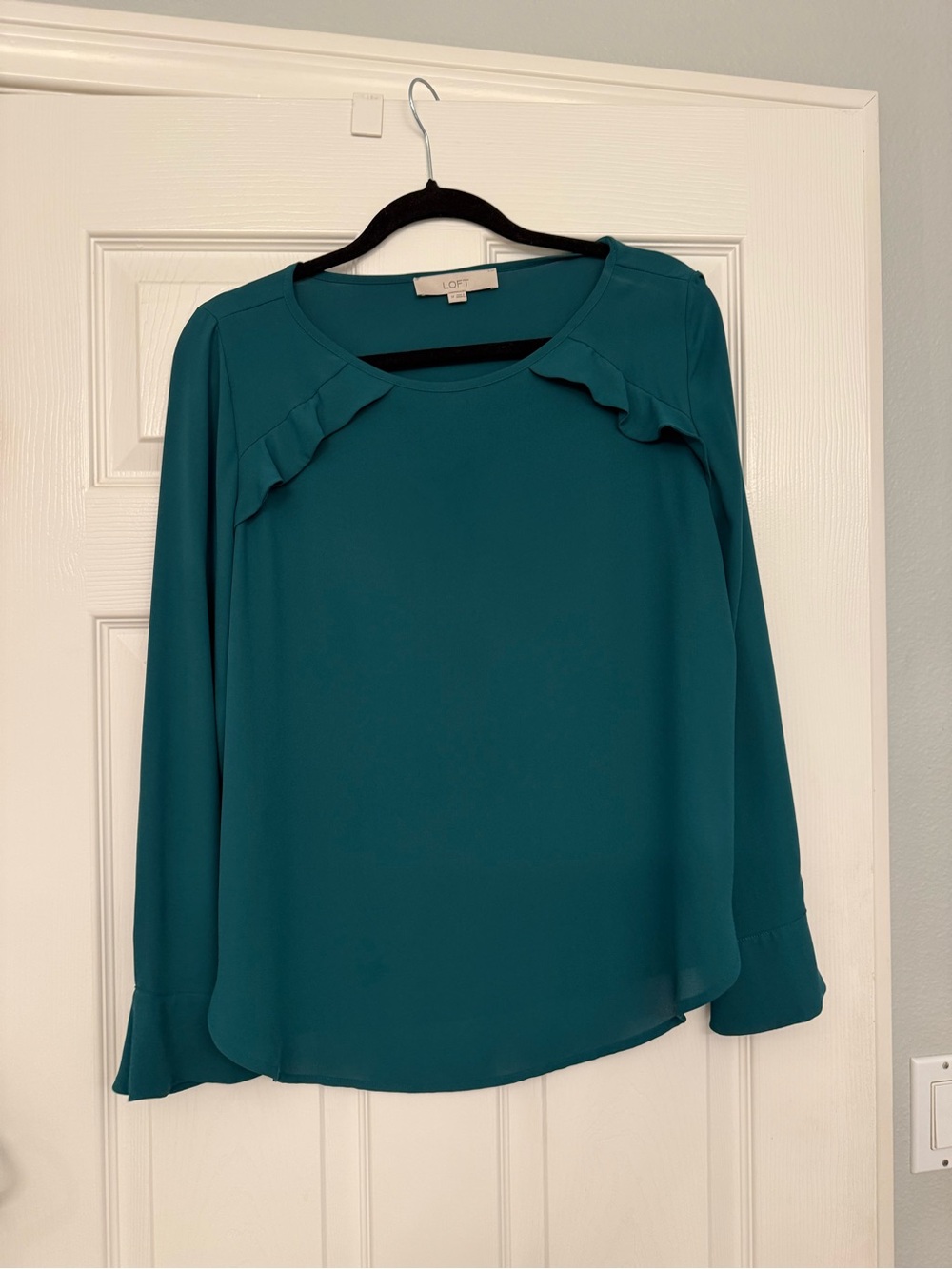 LOFT Teal Ruffle-Trim Long Sleeve Blouse